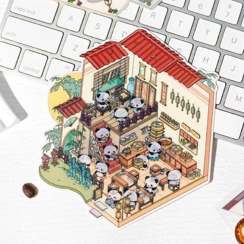 Chinese Panda 3D Isometric Room Stickers - 4 Theme Sets: Panda Tea Bar | Panda Market | Panda Hot Springs | Panda Study Room - SNSEASY