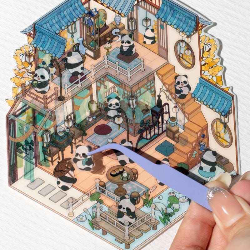 Chinese Panda 3D Isometric Room Stickers - 4 Theme Sets: Panda Tea Bar | Panda Market | Panda Hot Springs | Panda Study Room - SNSEASY