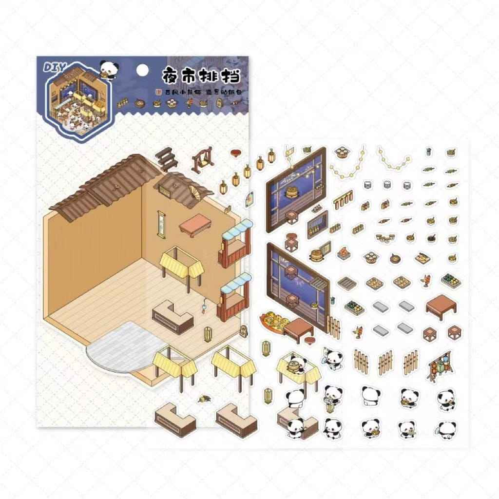 Chinese Panda 3D Isometric Room Stickers - 4 Theme Sets: Panda Tea Bar | Panda Market | Panda Hot Springs | Panda Study Room - SNSEASY