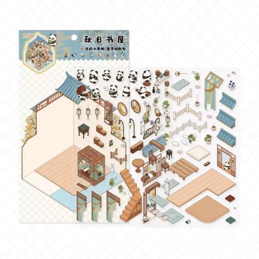 Chinese Panda 3D Isometric Room Stickers - 4 Theme Sets: Panda Tea Bar | Panda Market | Panda Hot Springs | Panda Study Room - SNSEASY