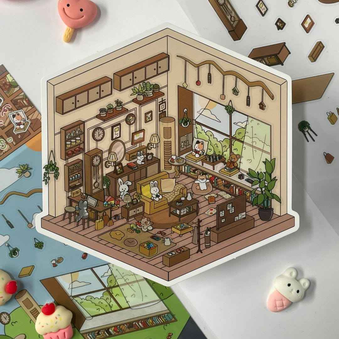 Cute Home 3D Isometric Room Stickers - 4 Theme Sets: Bedroom | Apartment | Kitchen | Living Room - SNSEASY