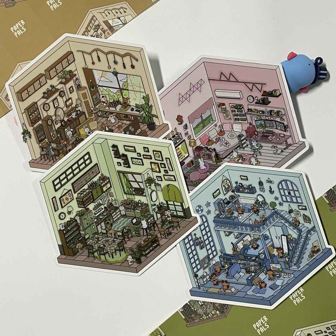 Cute Home 3D Isometric Room Stickers - 4 Theme Sets: Bedroom | Apartment | Kitchen | Living Room - SNSEASY