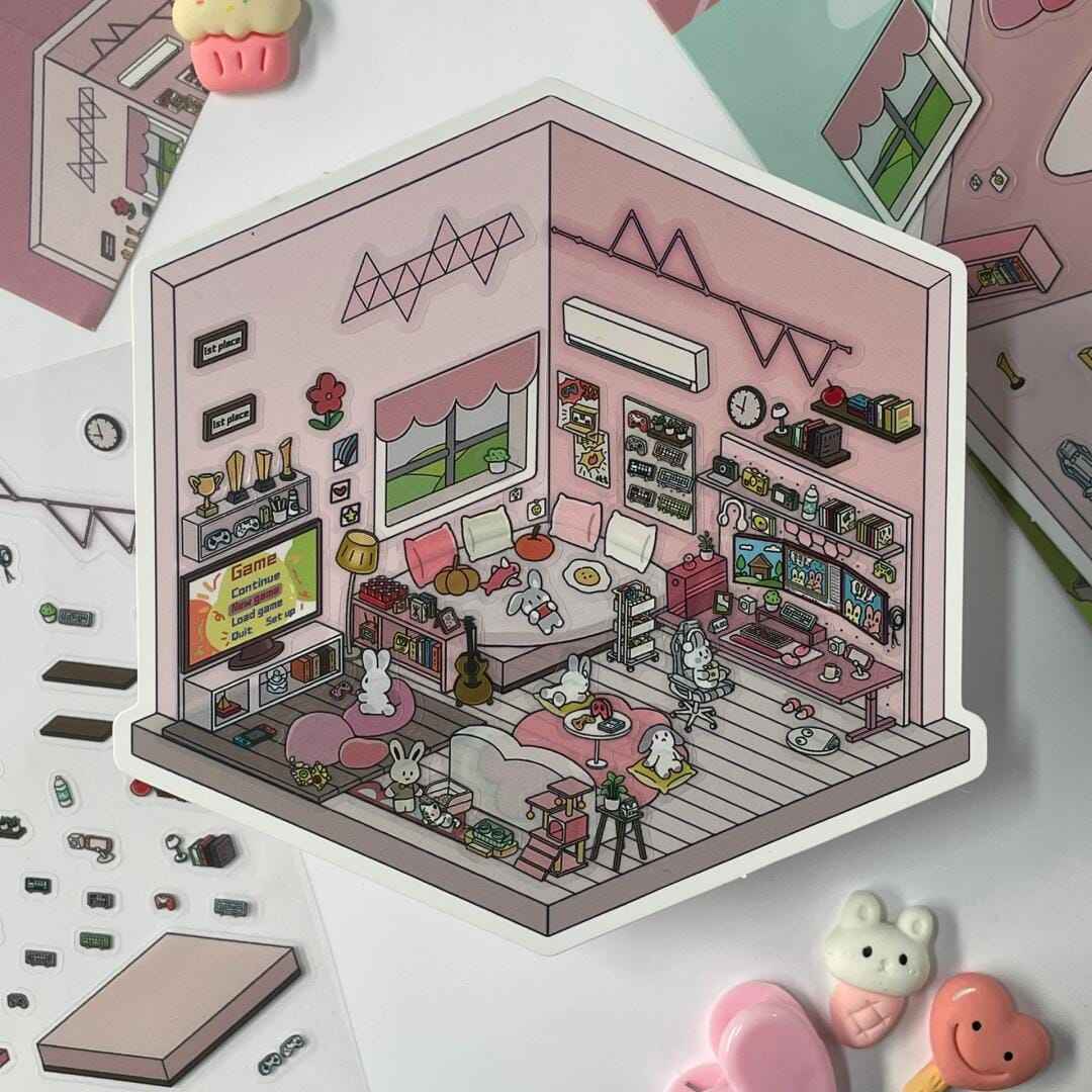 Cute Home 3D Isometric Room Stickers - 4 Theme Sets: Bedroom | Apartment | Kitchen | Living Room - SNSEASY