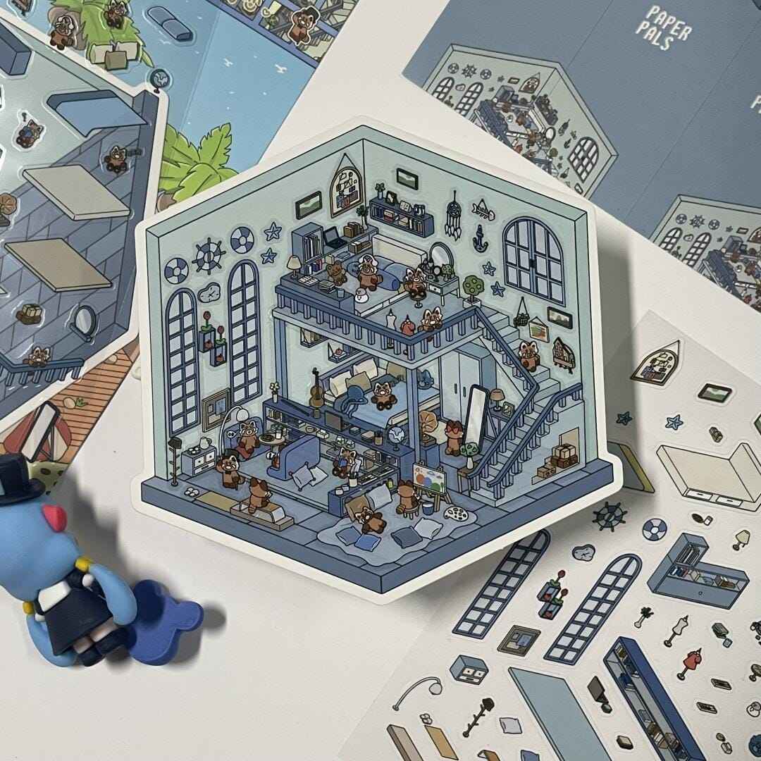 Cute Home 3D Isometric Room Stickers - 4 Theme Sets: Bedroom | Apartment | Kitchen | Living Room - SNSEASY