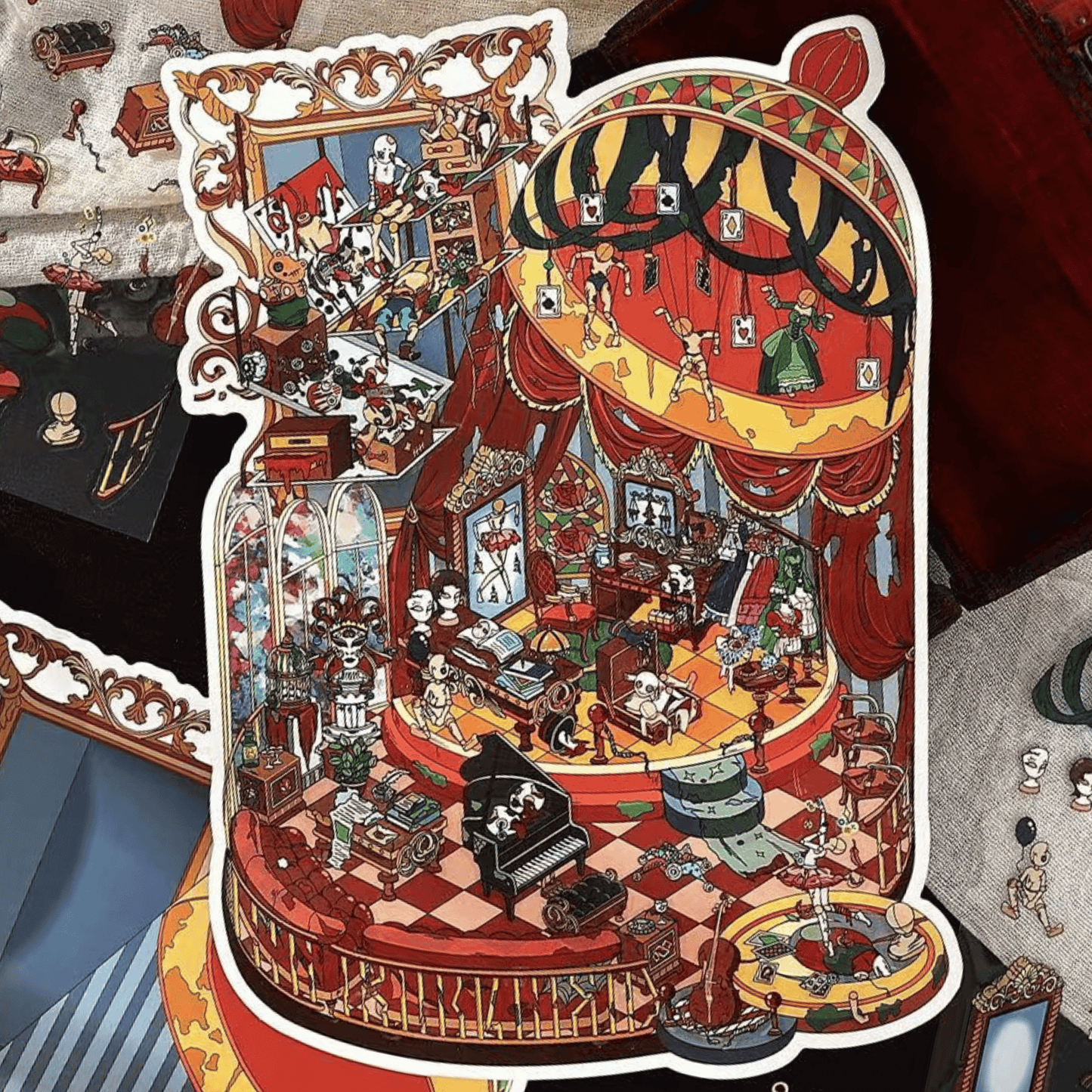 Horror Game Series – Plus Size 3D Miniature Scene Stickers – 4 Theme Sets: Puppet Theater | Screaming Surgery Room | Bio-Apocalypse Camp | Skeleton Shop