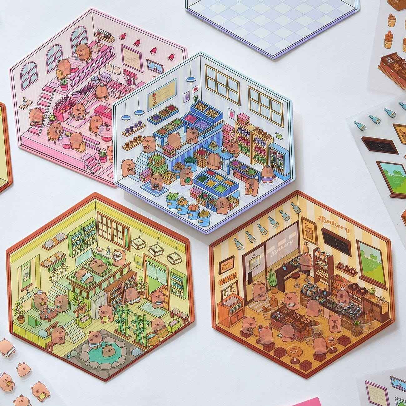 Cute Capybara 3D Isometric Room Stickers - 4 Theme Sets: Restaurant | Hot Spring | Baking Shop | Fruit Shop - SNSEASY