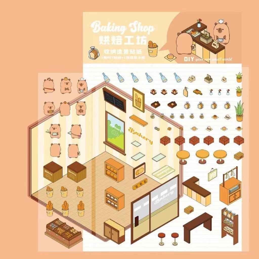 Cute Capybara 3D Isometric Room Stickers - 4 Theme Sets: Restaurant | Hot Spring | Baking Shop | Fruit Shop - SNSEASY
