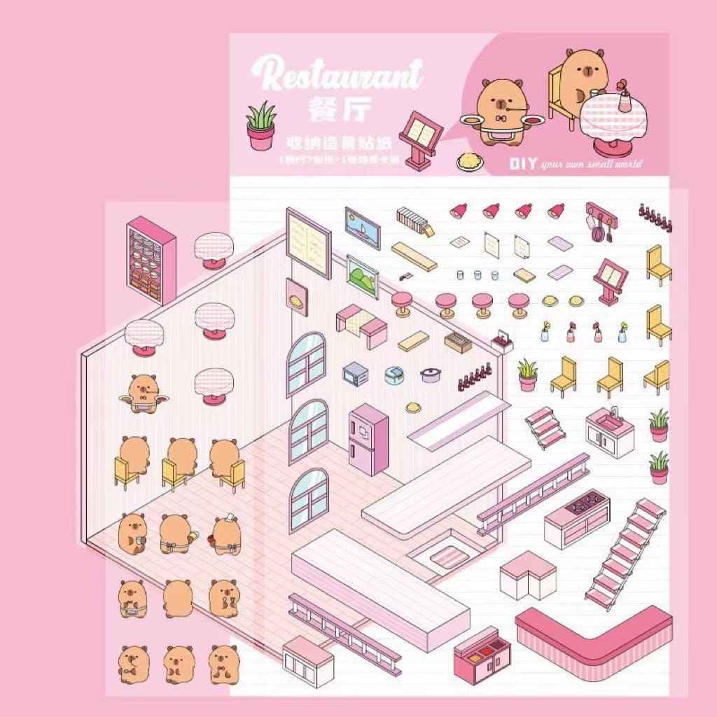 Cute Capybara 3D Isometric Room Stickers - 4 Theme Sets: Restaurant | Hot Spring | Baking Shop | Fruit Shop - SNSEASY