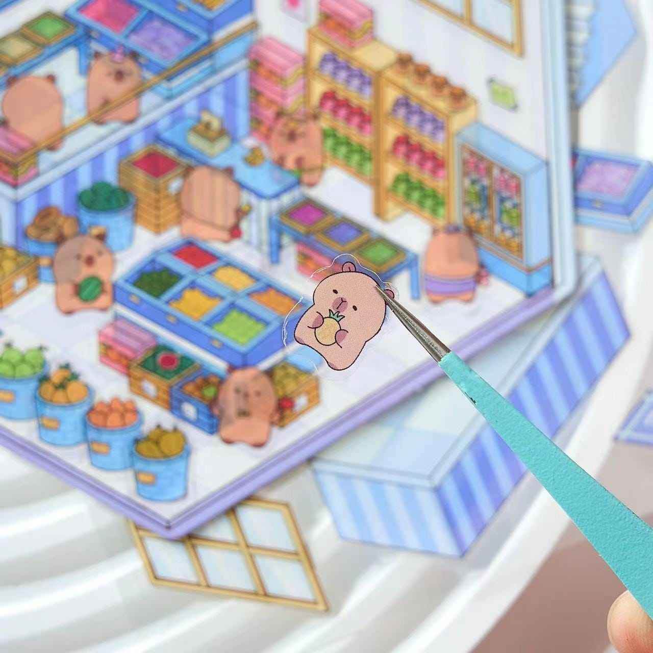 Cute Capybara 3D Isometric Room Stickers - 4 Theme Sets: Restaurant | Hot Spring | Baking Shop | Fruit Shop - SNSEASY
