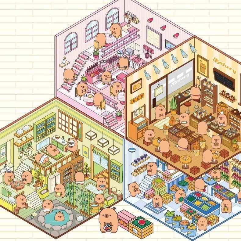 Cute Capybara 3D Isometric Room Stickers - 4 Theme Sets: Restaurant | Hot Spring | Baking Shop | Fruit Shop - SNSEASY