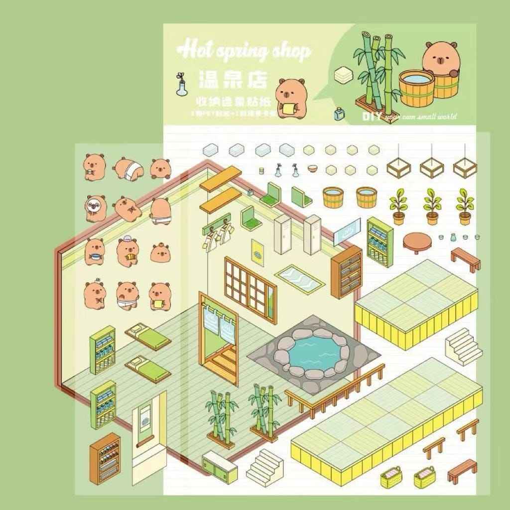 Cute Capybara 3D Isometric Room Stickers - 4 Theme Sets: Restaurant | Hot Spring | Baking Shop | Fruit Shop - SNSEASY