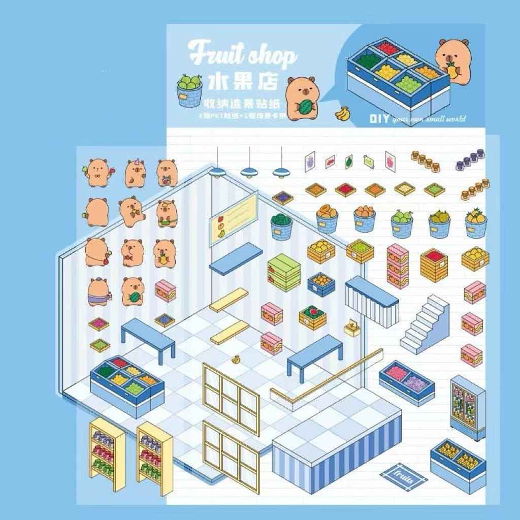 Cute Capybara 3D Isometric Room Stickers - 4 Theme Sets: Restaurant | Hot Spring | Baking Shop | Fruit Shop - SNSEASY