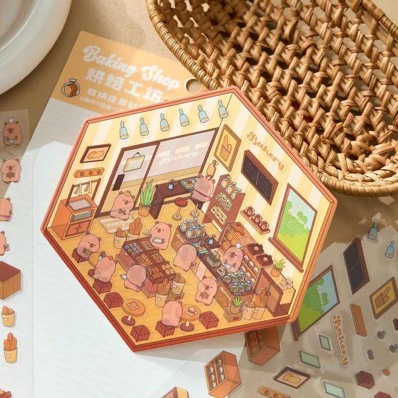 Cute Capybara 3D Isometric Room Stickers - 4 Theme Sets: Restaurant | Hot Spring | Baking Shop | Fruit Shop - SNSEASY