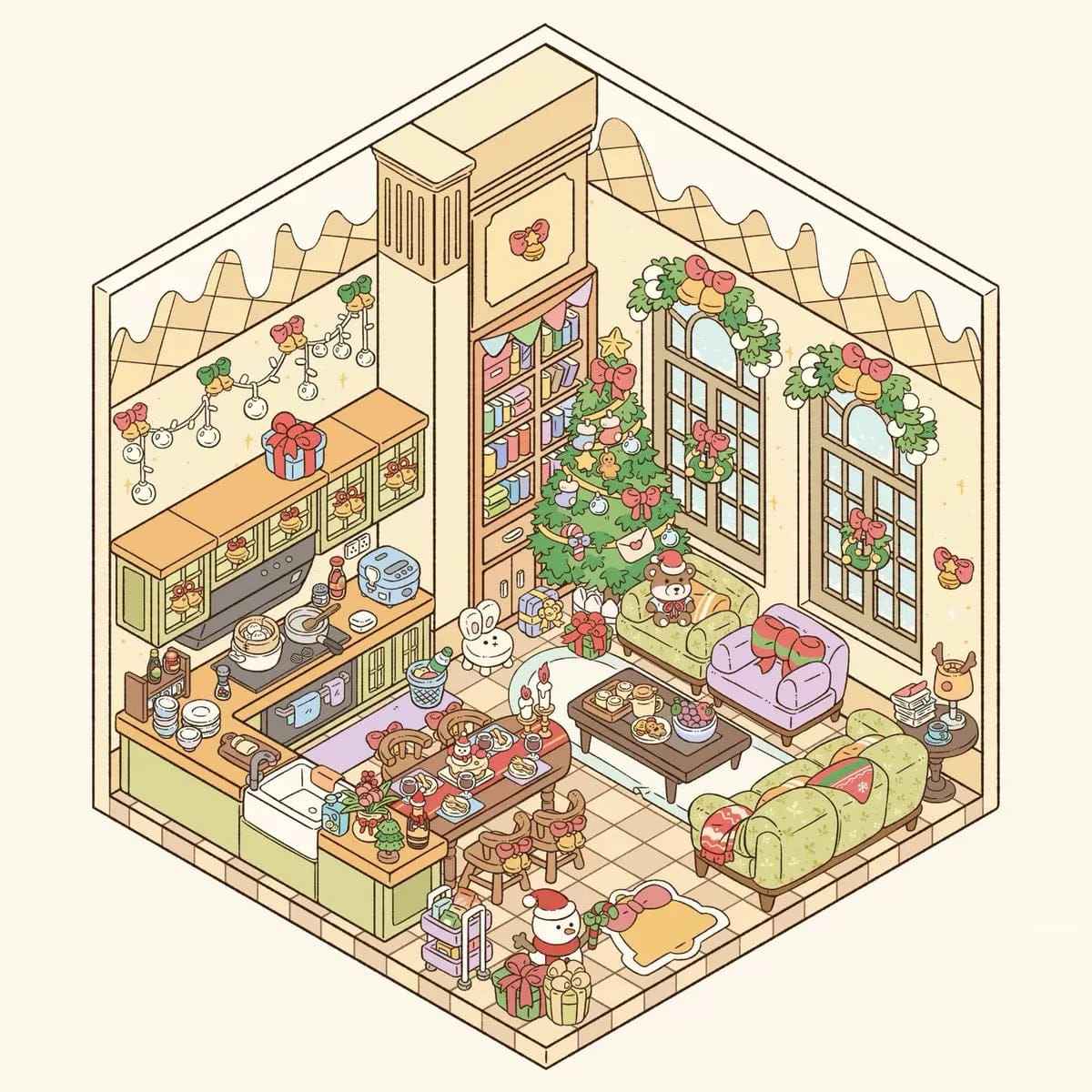 Christmas Cottage 3D Isometric Room Stickers – Limited Edition Theme - SNSEASY