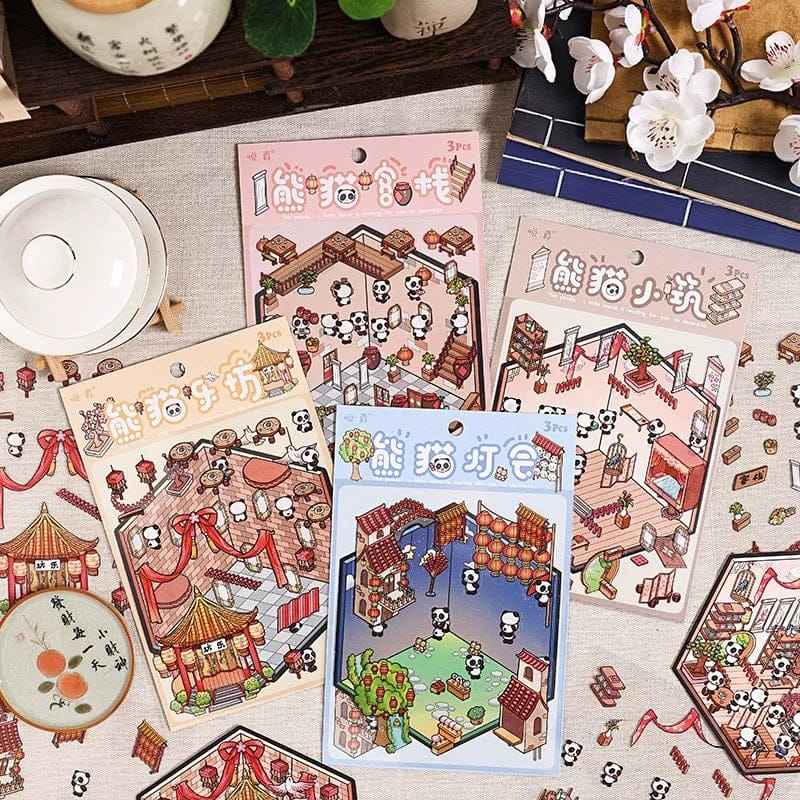 Chinese New Year Panda 3D Isometric Room Stickers - 4 Theme Sets: Panda House | Panda Lantern Fair | Panda Music Place | Panda Inn - SNSEASY