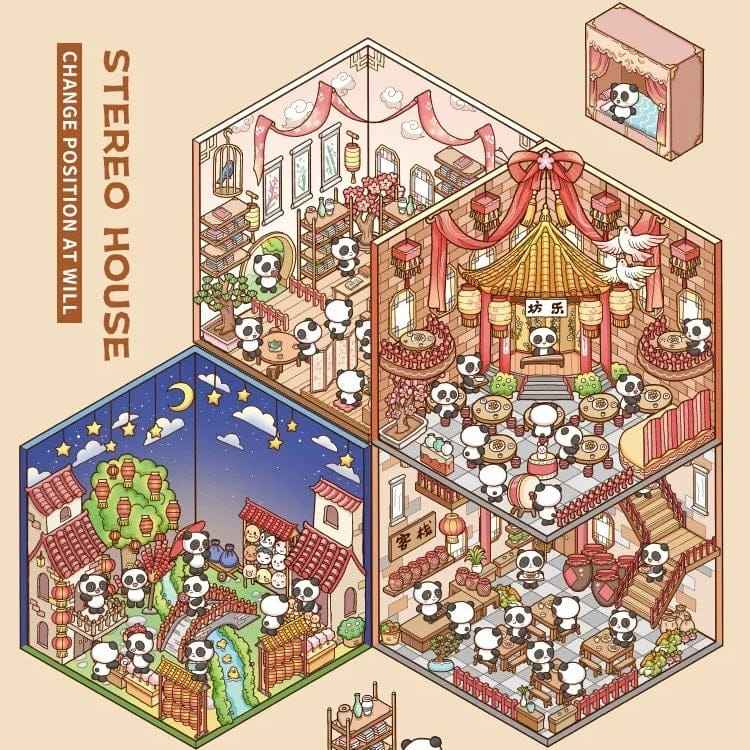 Chinese New Year Panda 3D Isometric Room Stickers - 4 Theme Sets: Panda House | Panda Lantern Fair | Panda Music Place | Panda Inn - SNSEASY