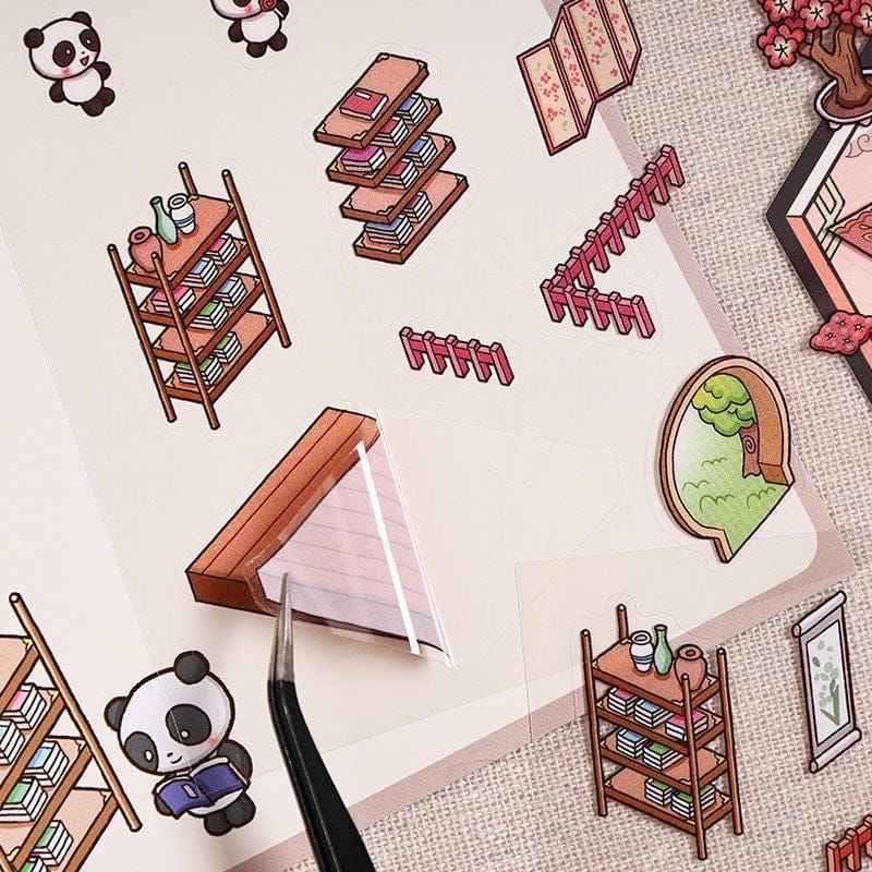 Chinese New Year Panda 3D Isometric Room Stickers - 4 Theme Sets: Panda House | Panda Lantern Fair | Panda Music Place | Panda Inn - SNSEASY