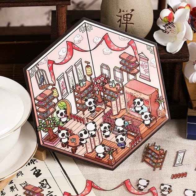 Chinese New Year Panda 3D Isometric Room Stickers - 4 Theme Sets: Panda House | Panda Lantern Fair | Panda Music Place | Panda Inn - SNSEASY