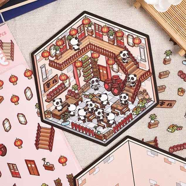 Chinese New Year Panda 3D Isometric Room Stickers - 4 Theme Sets: Panda House | Panda Lantern Fair | Panda Music Place | Panda Inn - SNSEASY
