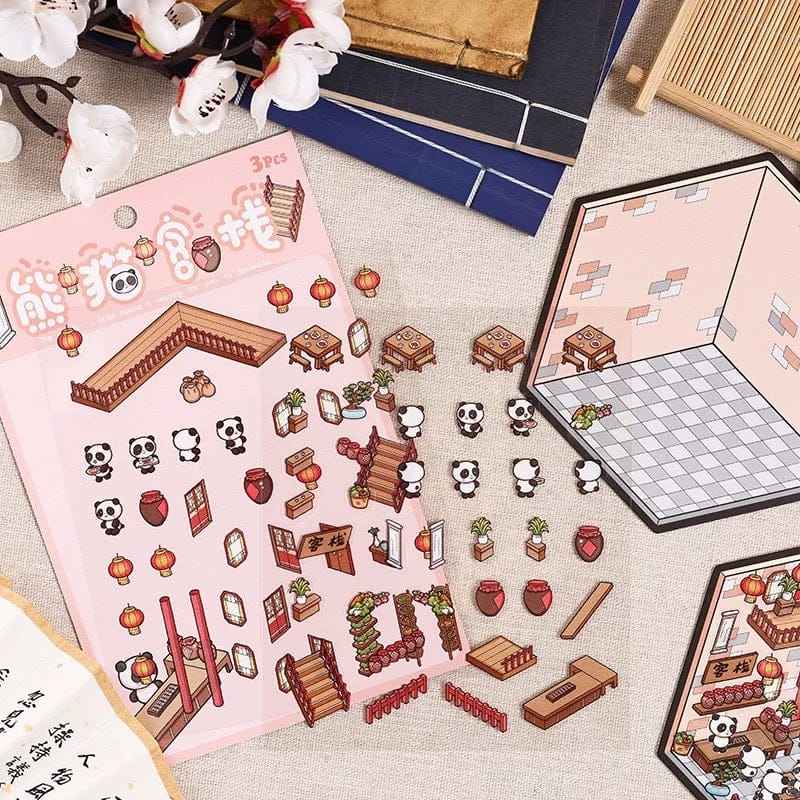 Chinese New Year Panda 3D Isometric Room Stickers - 4 Theme Sets: Panda House | Panda Lantern Fair | Panda Music Place | Panda Inn - SNSEASY