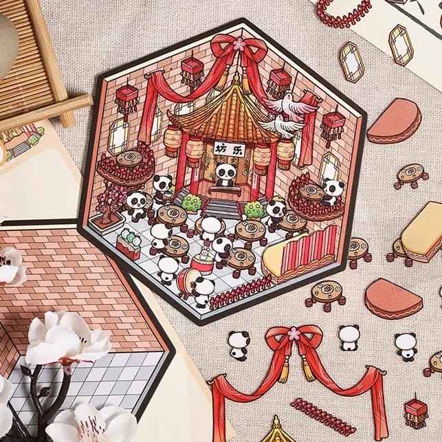 Chinese New Year Panda 3D Isometric Room Stickers - 4 Theme Sets: Panda House | Panda Lantern Fair | Panda Music Place | Panda Inn - SNSEASY
