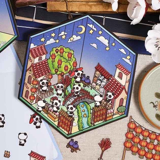 Chinese New Year Panda 3D Isometric Room Stickers - 4 Theme Sets: Panda House | Panda Lantern Fair | Panda Music Place | Panda Inn - SNSEASY