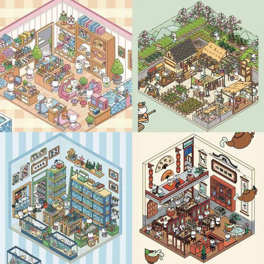 Migi’s Simulation Business 3D Isometric Room Stickers - 4 Theme Sets: Pet Store | Aquarium | Farm | Restaurant - SNSEASY
