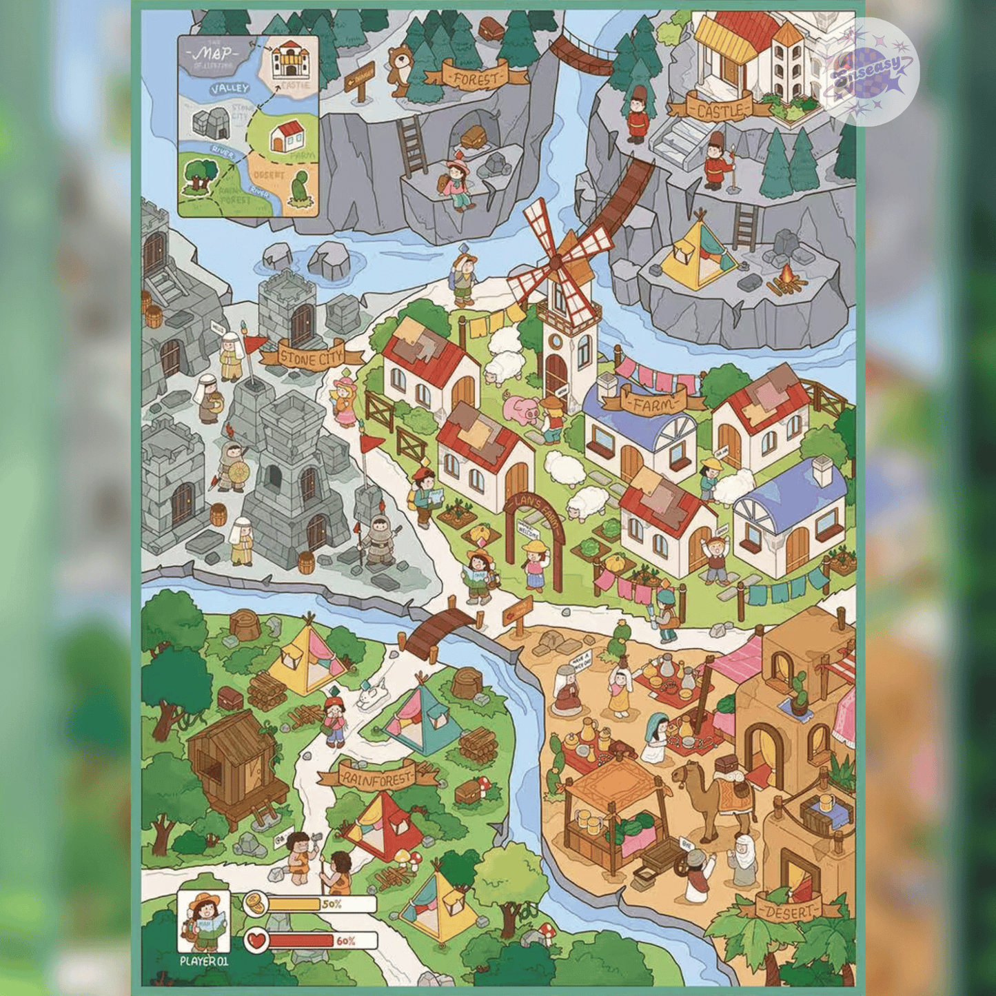 Game Simulation – 3D Miniature Scene Stickers – 2 Theme Sets: Farm Simulation | Adventurer’s Town - SNSEASY