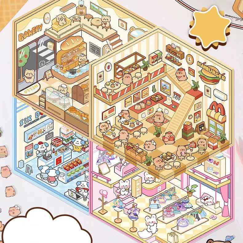 Cute Animal Simulation Business 3D Isometric Room Stickers - 4 Theme Sets: Capybara Hamburger | Puppy Convenience | Bunny Clothing | Bear Bakery - SNSEASY