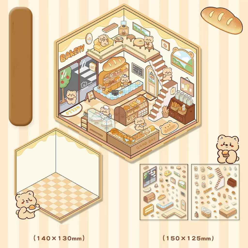 Cute Animal Simulation Business 3D Isometric Room Stickers - 4 Theme Sets: Capybara Hamburger | Puppy Convenience | Bunny Clothing | Bear Bakery - SNSEASY