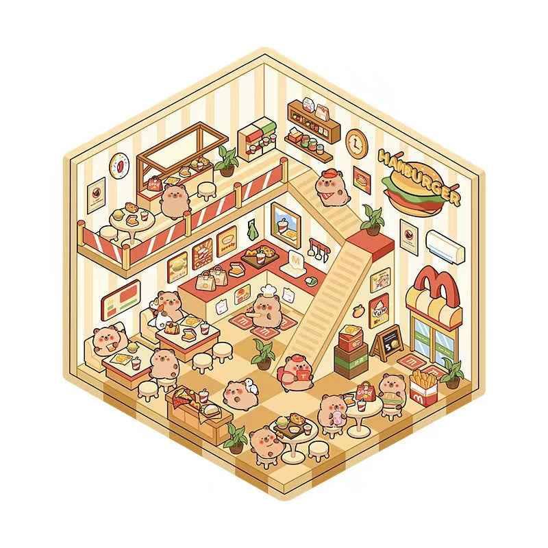 Cute Animal Simulation Business 3D Isometric Room Stickers - 4 Theme Sets: Capybara Hamburger | Puppy Convenience | Bunny Clothing | Bear Bakery - SNSEASY