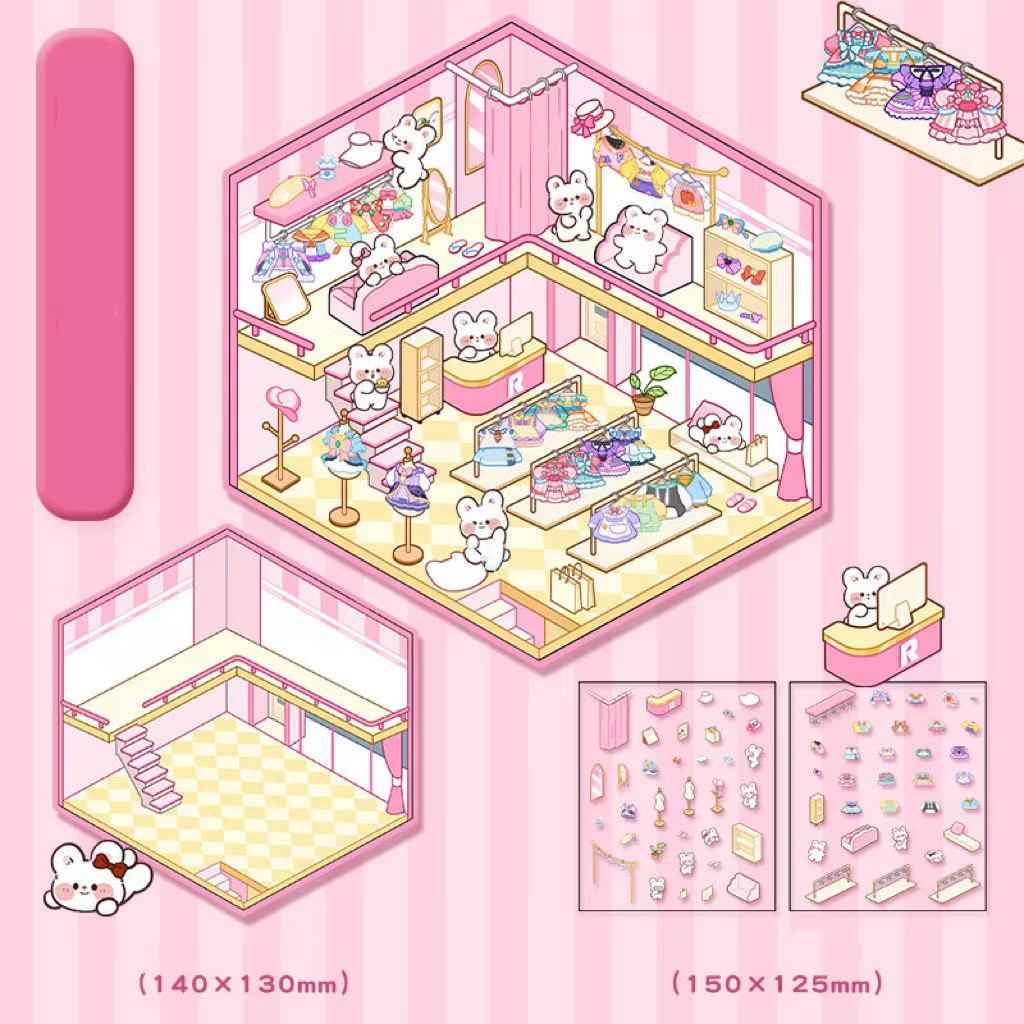 Cute Animal Simulation Business 3D Isometric Room Stickers - 4 Theme Sets: Capybara Hamburger | Puppy Convenience | Bunny Clothing | Bear Bakery - SNSEASY
