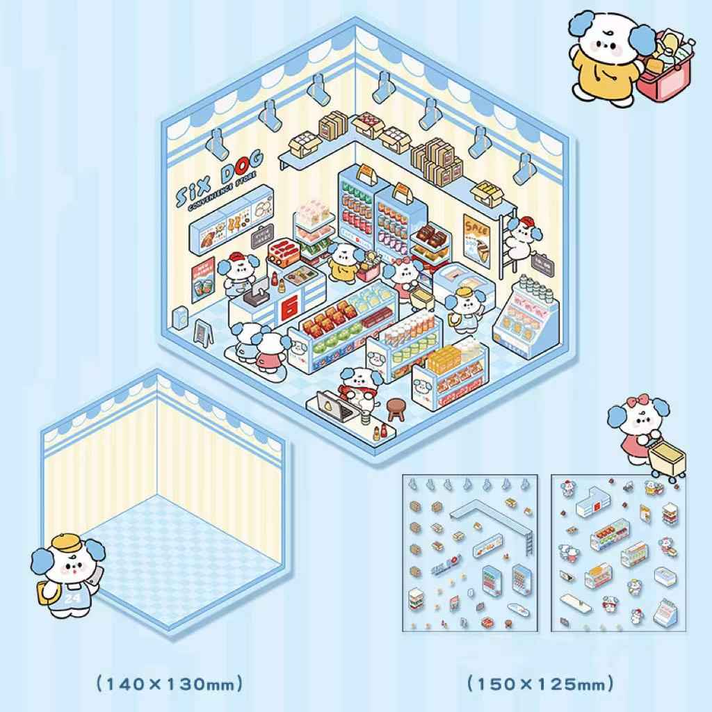 Cute Animal Simulation Business 3D Isometric Room Stickers - 4 Theme Sets: Capybara Hamburger | Puppy Convenience | Bunny Clothing | Bear Bakery - SNSEASY