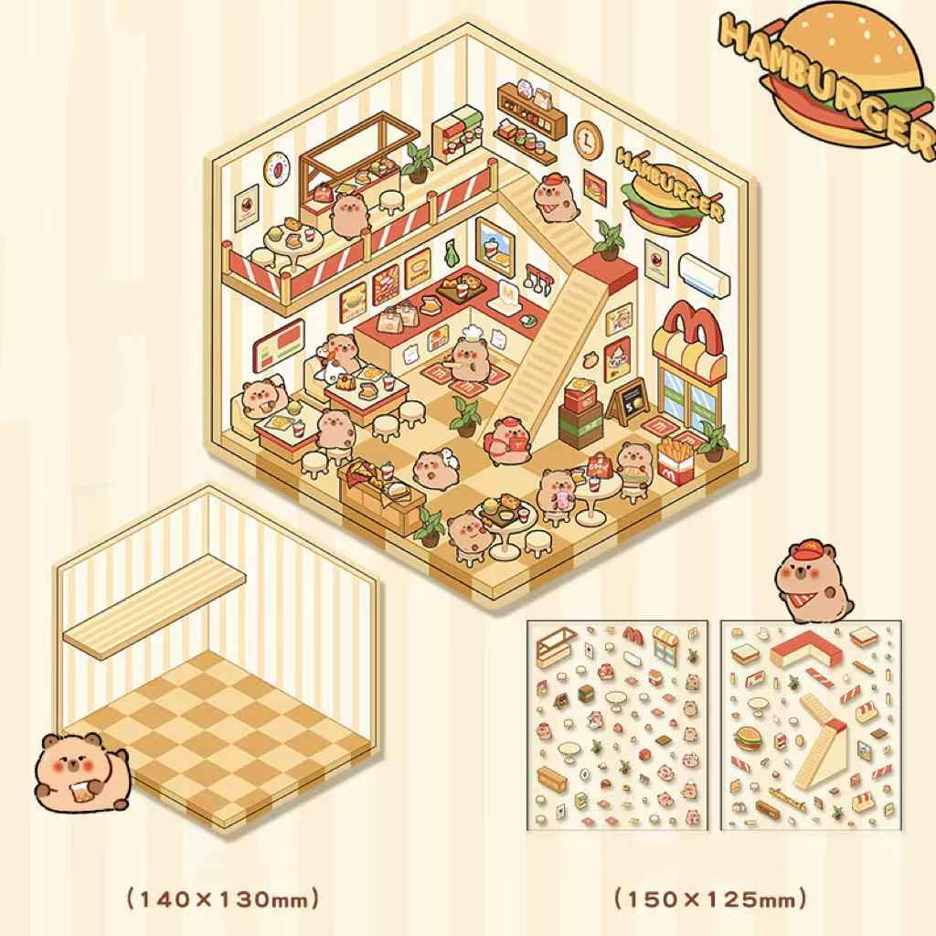 Cute Animal Simulation Business 3D Isometric Room Stickers - 4 Theme Sets: Capybara Hamburger | Puppy Convenience | Bunny Clothing | Bear Bakery - SNSEASY