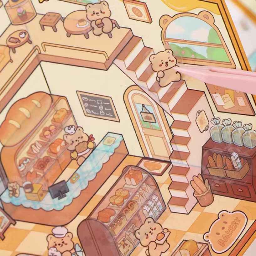Cute Animal Simulation Business 3D Isometric Room Stickers - 4 Theme Sets: Capybara Hamburger | Puppy Convenience | Bunny Clothing | Bear Bakery - SNSEASY