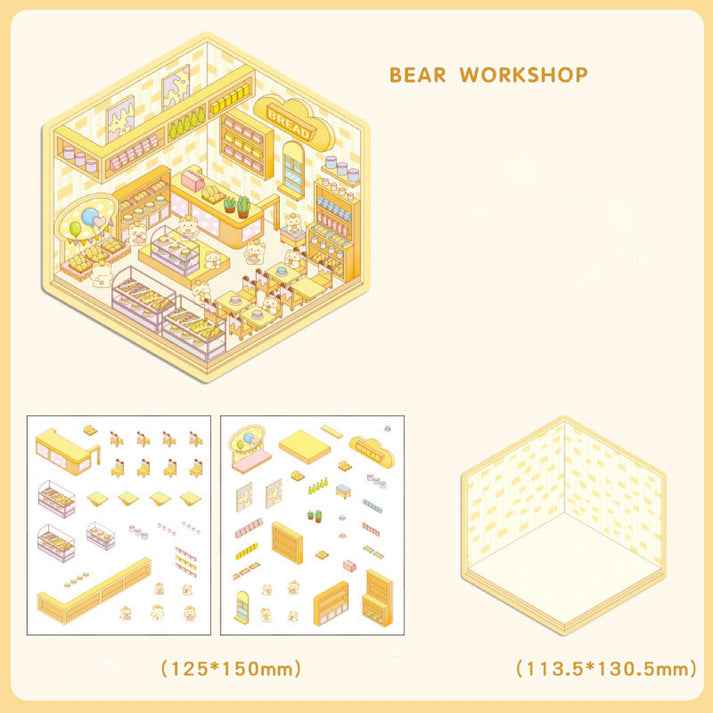Cute Animal 4.0 3D Isometric Room Stickers - 8 Theme Sets: Sheep Hut | Rabbit Class | Dogs Bookstore | Bear Workshop | Piggy Restaurant | Devil Cat | Mouse House | Raccoon Noodle Shop - SNSEASY