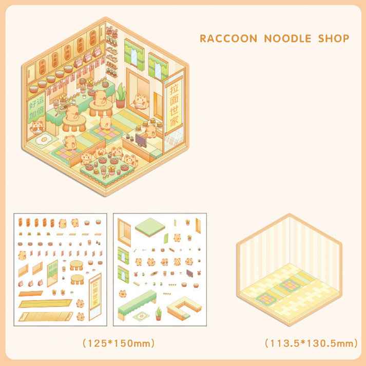 Cute Animal 4.0 3D Isometric Room Stickers - 8 Theme Sets: Sheep Hut | Rabbit Class | Dogs Bookstore | Bear Workshop | Piggy Restaurant | Devil Cat | Mouse House | Raccoon Noodle Shop - SNSEASY