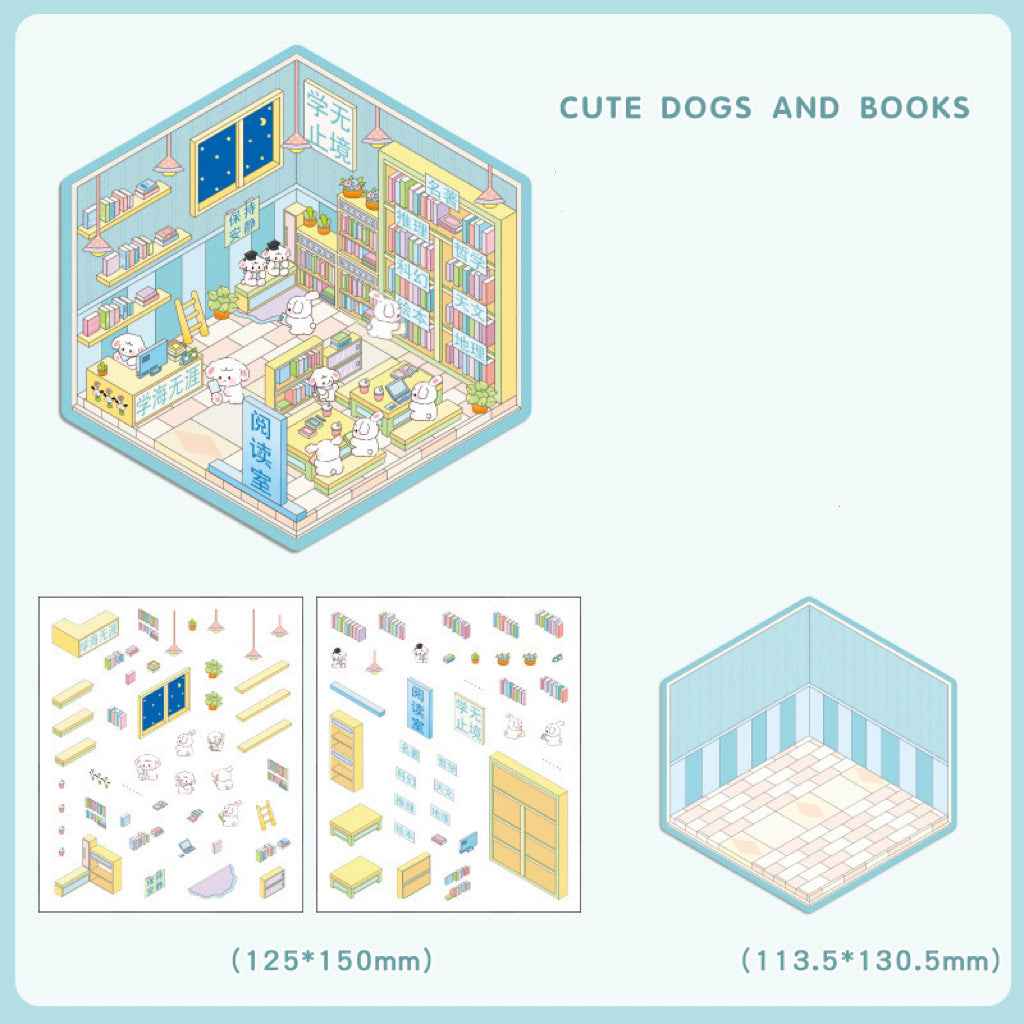 Cute Animal 4.0 3D Isometric Room Stickers - 8 Theme Sets: Sheep Hut | Rabbit Class | Dogs Bookstore | Bear Workshop | Piggy Restaurant | Devil Cat | Mouse House | Raccoon Noodle Shop - SNSEASY