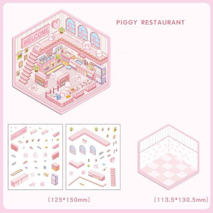 Cute Animal 4.0 3D Isometric Room Stickers - 8 Theme Sets: Sheep Hut | Rabbit Class | Dogs Bookstore | Bear Workshop | Piggy Restaurant | Devil Cat | Mouse House | Raccoon Noodle Shop - SNSEASY