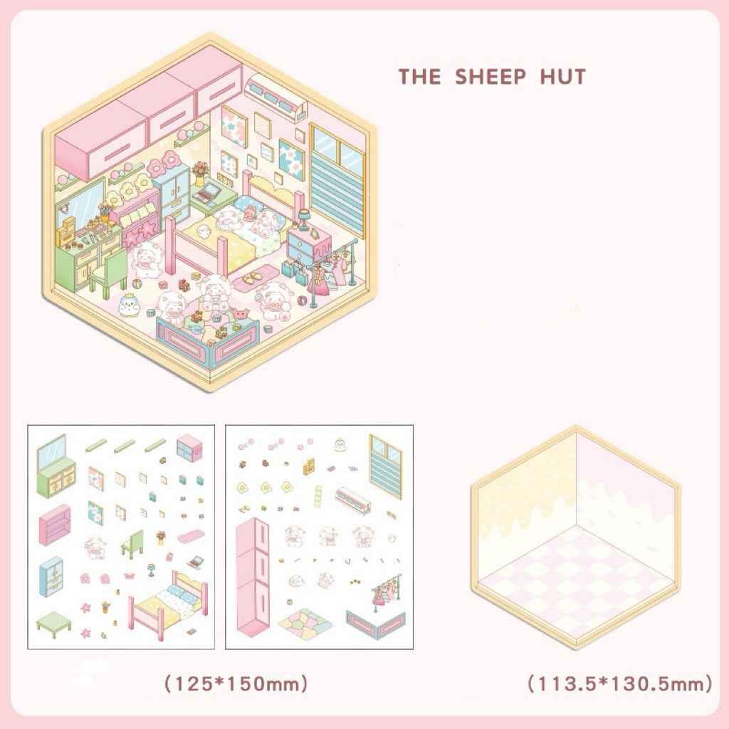 Cute Animal 4.0 3D Isometric Room Stickers - 8 Theme Sets: Sheep Hut | Rabbit Class | Dogs Bookstore | Bear Workshop | Piggy Restaurant | Devil Cat | Mouse House | Raccoon Noodle Shop - SNSEASY