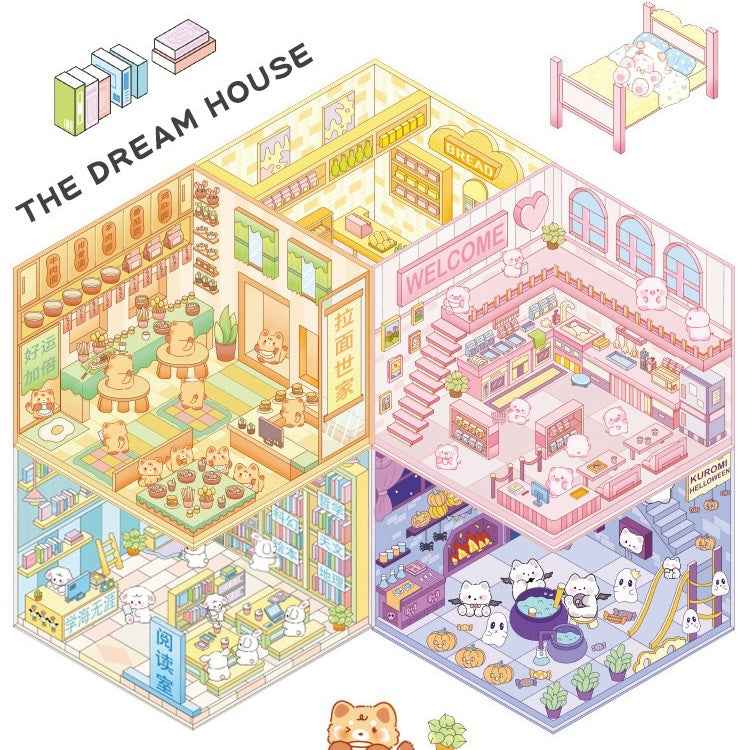 Cute Animal 4.0 3D Isometric Room Stickers - 8 Theme Sets: Sheep Hut | Rabbit Class | Dogs Bookstore | Bear Workshop | Piggy Restaurant | Devil Cat | Mouse House | Raccoon Noodle Shop - SNSEASY