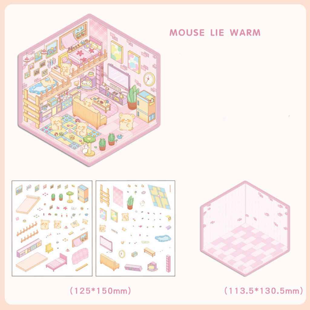 Cute Animal 4.0 3D Isometric Room Stickers - 8 Theme Sets: Sheep Hut | Rabbit Class | Dogs Bookstore | Bear Workshop | Piggy Restaurant | Devil Cat | Mouse House | Raccoon Noodle Shop - SNSEASY
