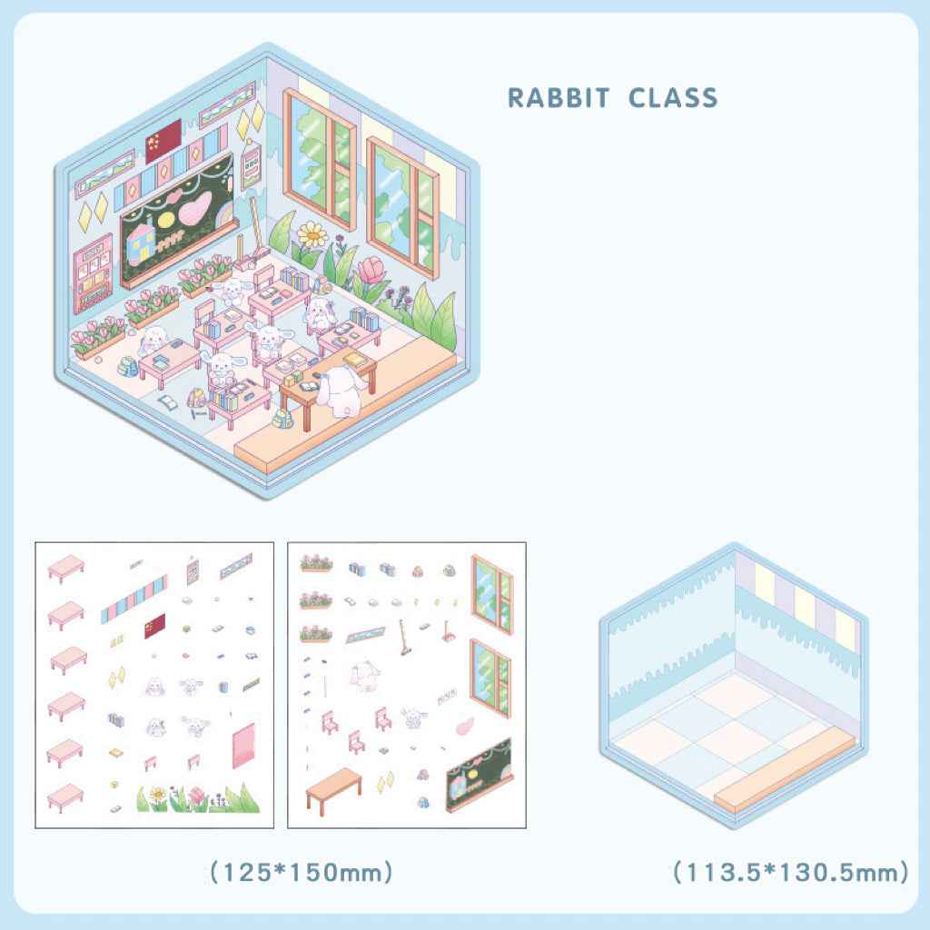 Cute Animal 4.0 3D Isometric Room Stickers - 8 Theme Sets: Sheep Hut | Rabbit Class | Dogs Bookstore | Bear Workshop | Piggy Restaurant | Devil Cat | Mouse House | Raccoon Noodle Shop - SNSEASY