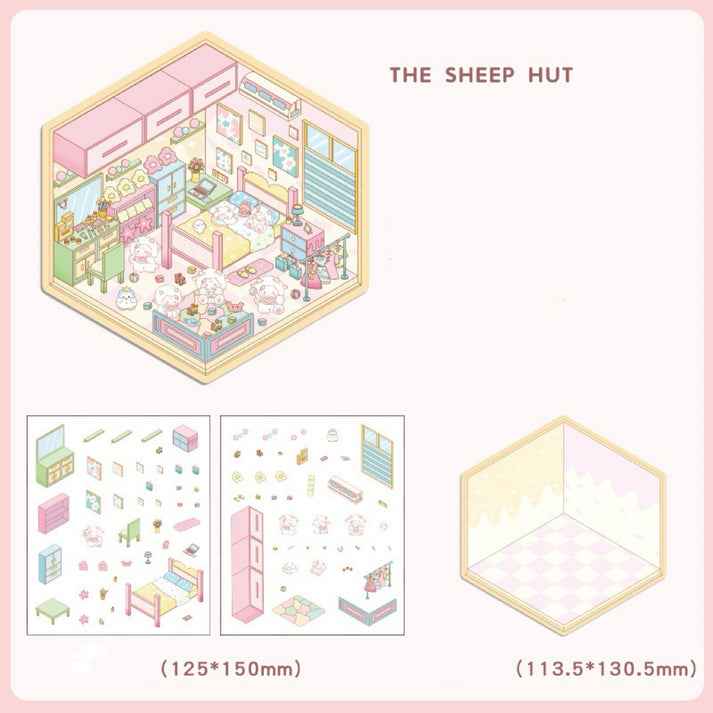 Cute Animal 4.0 3D Isometric Room Stickers - 8 Theme Sets: Sheep Hut | Rabbit Class | Dogs Bookstore | Bear Workshop | Piggy Restaurant | Devil Cat | Mouse House | Raccoon Noodle Shop - SNSEASY