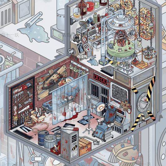 Chainsaw Horror – 3D Miniature Scene Stickers – 2 Theme Sets: Chainsaw Lab | Puppet Theater - SNSEASY