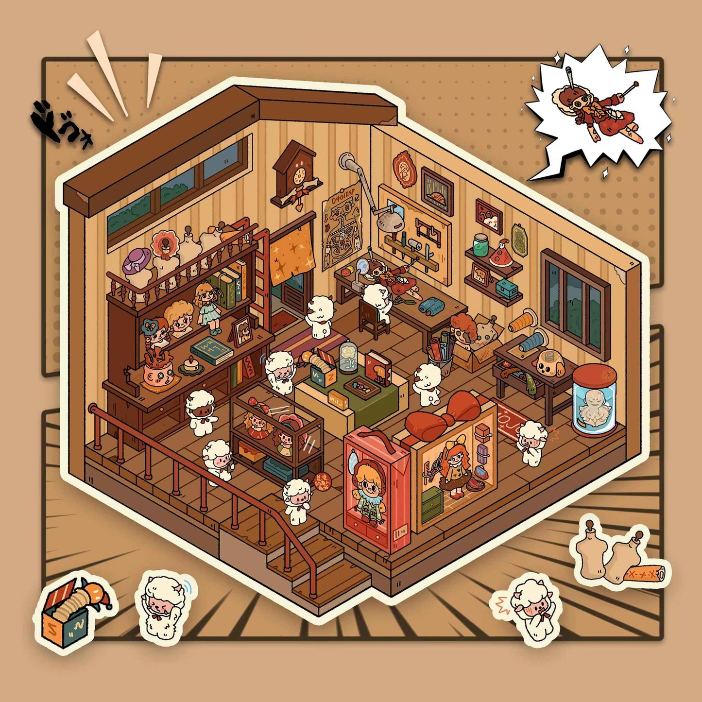 Whimsical Journey with the Cute Sheep – 3D Miniature Scene Stickers – 4 Theme Sets: Gym Case | Masquerade Ball | Magic Shop | Scream Dollhouse