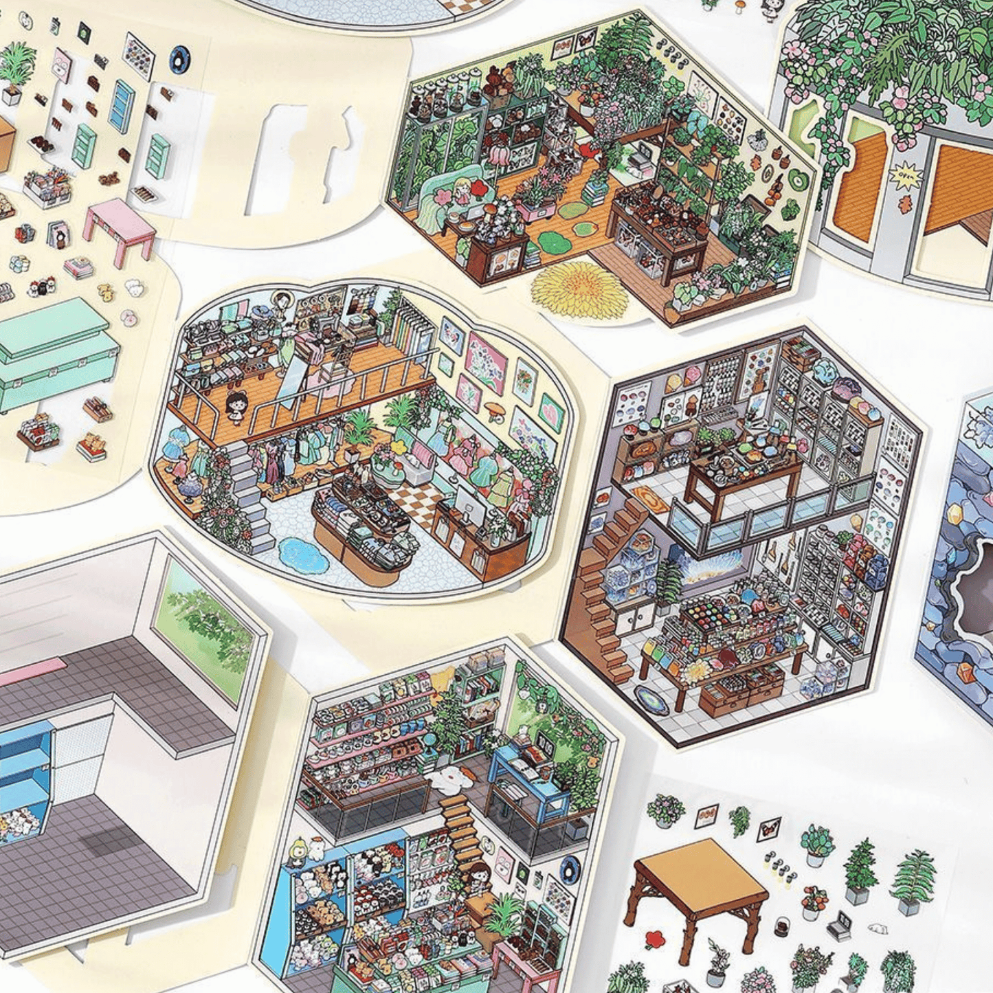 Cute Girl’s Dream Shops – 3D Miniature Scene Stickers – 4 Theme Sets: Clothing Store | Plant Boutique | Doll Shop | Gemstone Store