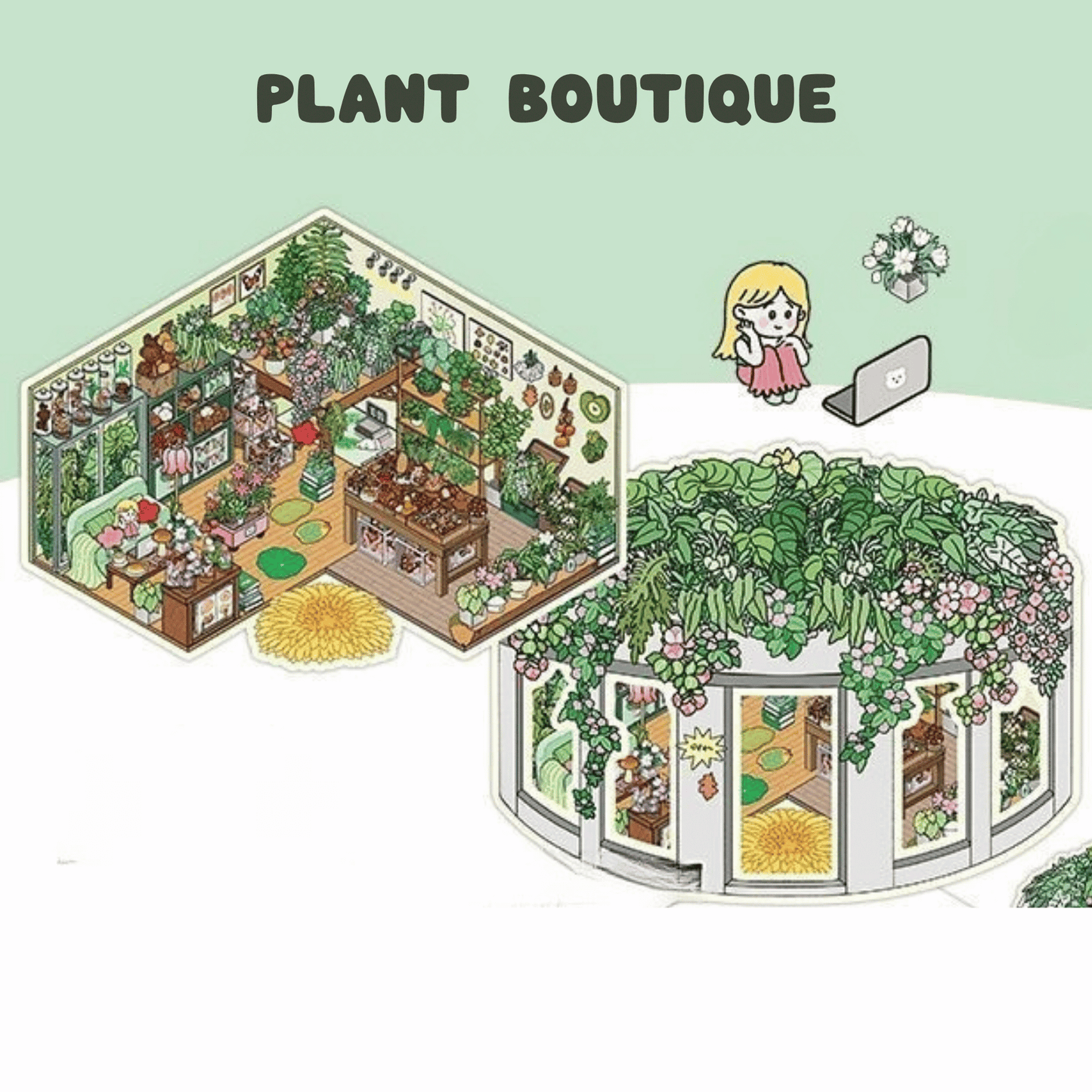 Cute Girl’s Dream Shops – 3D Miniature Scene Stickers – 4 Theme Sets: Clothing Store | Plant Boutique | Doll Shop | Gemstone Store