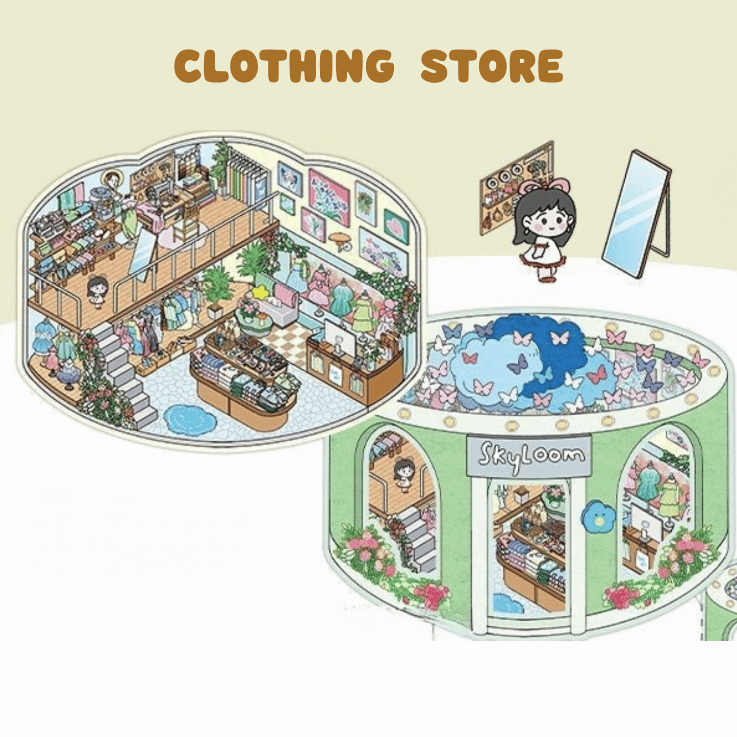 Cute Girl’s Dream Shops – 3D Miniature Scene Stickers – 4 Theme Sets: Clothing Store | Plant Boutique | Doll Shop | Gemstone Store