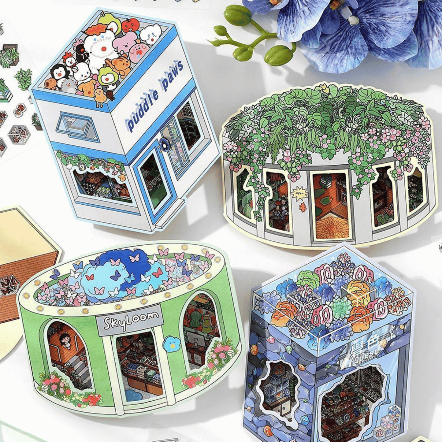 Cute Girl’s Dream Shops – 3D Miniature Scene Stickers – 4 Theme Sets: Clothing Store | Plant Boutique | Doll Shop | Gemstone Store